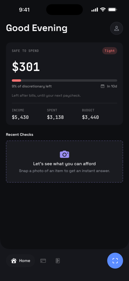 PocketPinch home screen showing Safe to Spend of $301, with income, spending, and budget for the month.