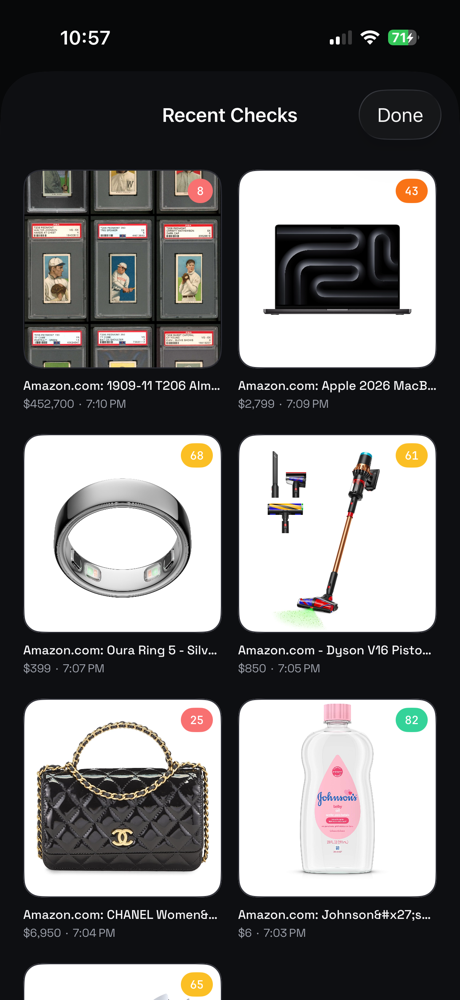 A grid of real PocketPinch checks — a MacBook, an Oura Ring, a Dyson vacuum, a Chanel bag — each tagged with its own affordability score from red to green.